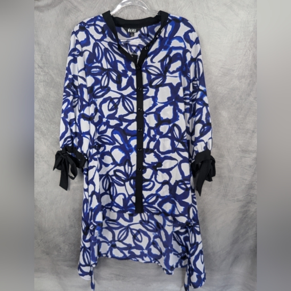 Slim Factor Large NWT Tunic Blouse Blue/Black/White Button Down - Picture 1 of 13